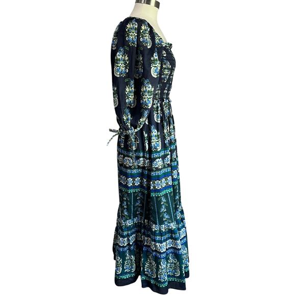 Cara Cara Jazzy Blue Green Print Puff Sleeve Smocked Cotton Midi Dress Sz S - Picture 5 of 13